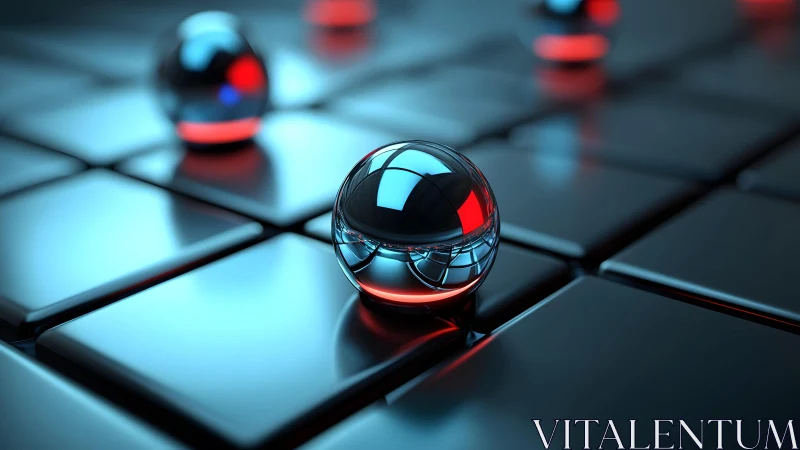 Chromed glass sphere rests on reflective blue black tiles