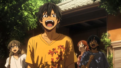 Teen friend group reacting with wide surprise outdoors.