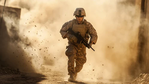 Soldier advances through dust-filled urban conflict zone
