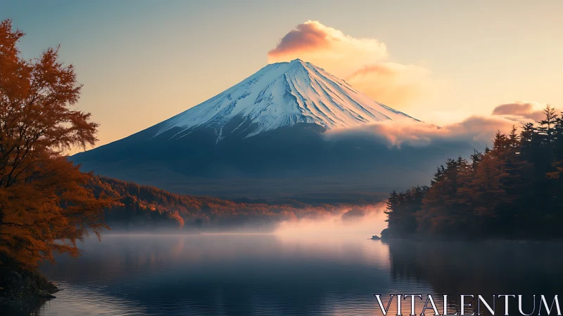 Snow peak over misty lake with autumn forest sunrise.