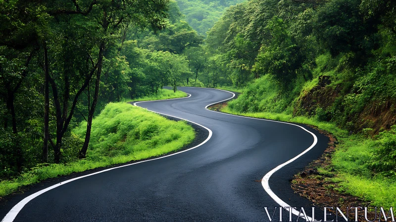 Curving mountain road winds through lush green forest landscape.