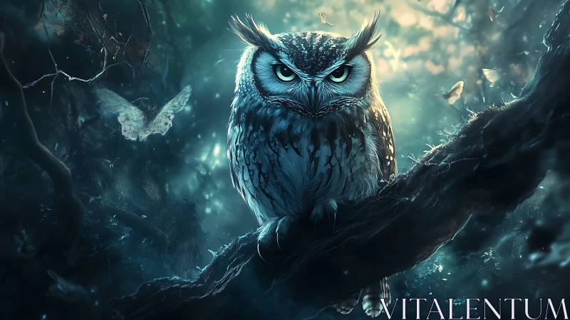Mystical owl perched on branch in enchanting fantasy forest scene.
