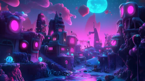 Neon lunar village under glowing candy-colored skies.
