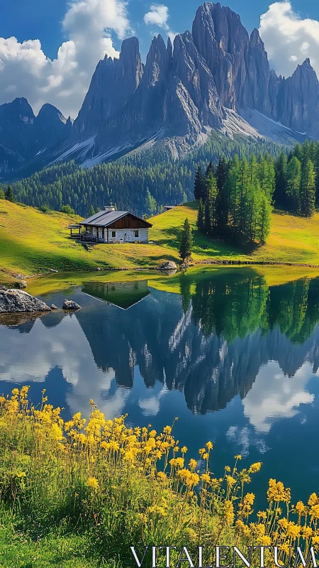 Lakeside alpine cabin with jagged dolomite peaks reflected