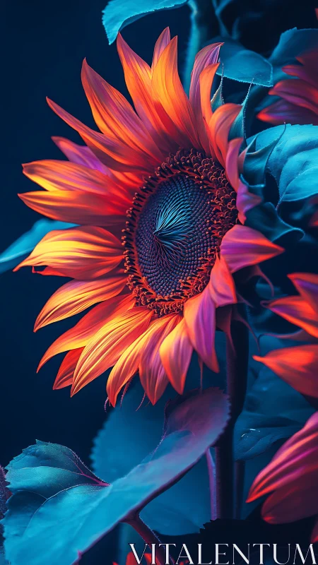 Neon sunflower glows against deep teal night foliage.