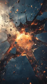 Explosive impact cratering in shattered concrete perspective.