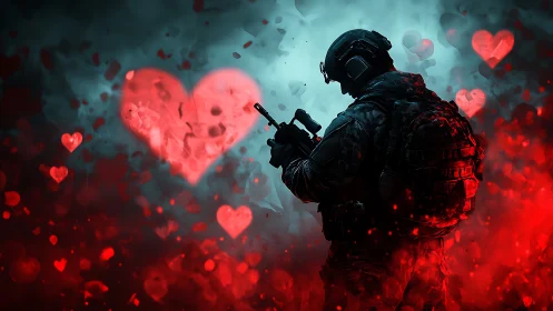 Armed soldier surrounded by glowing red hearts.
