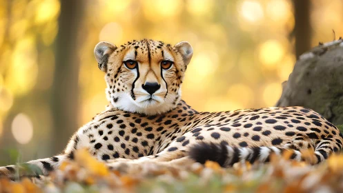 Resting cheetah in golden autumn forest light.