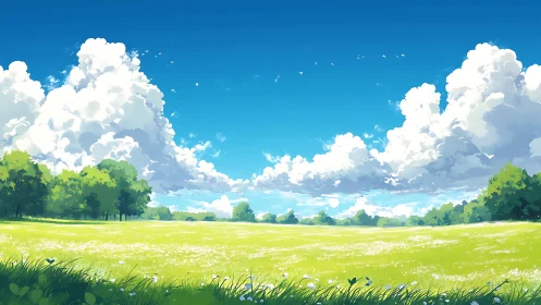 Cumulus cloud dynamics above luminant meadow panorama.