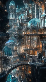 Luminescent multi-tier arcology with glass domes and bridges.