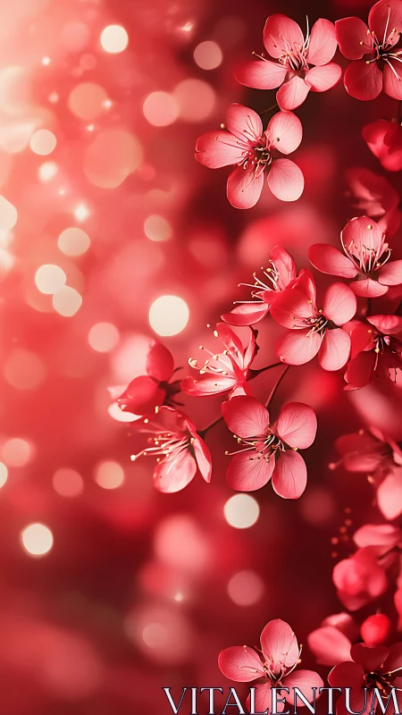 Red Blossom Cluster with Bokeh Depth Field and Luminous Particle Diffusion.