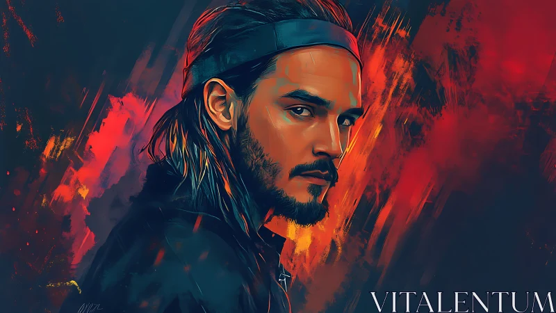 Brushstroked rebel studies the firestorm behind his shoulder