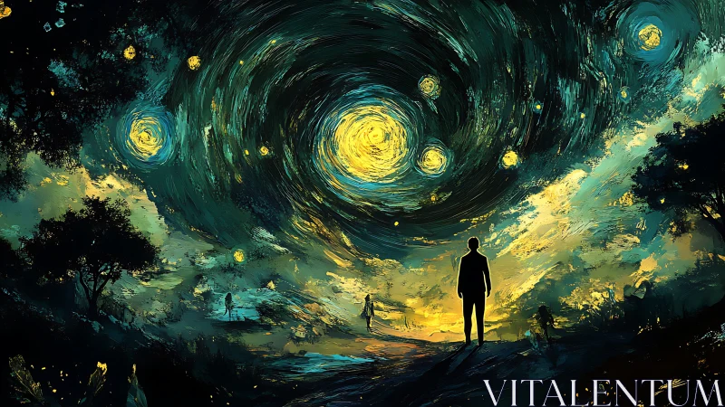 Silhouetted stargazers wander beneath swirling cosmic wind