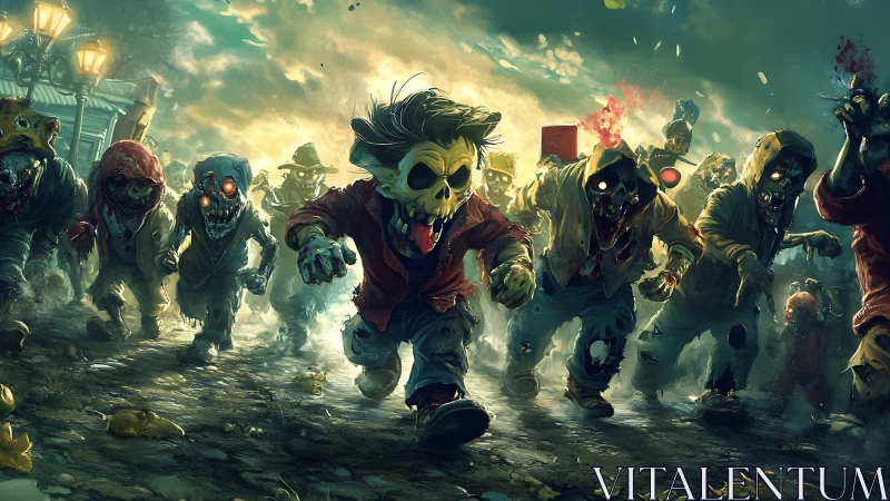 Horde of stylized zombies advancing on a dark urban street.