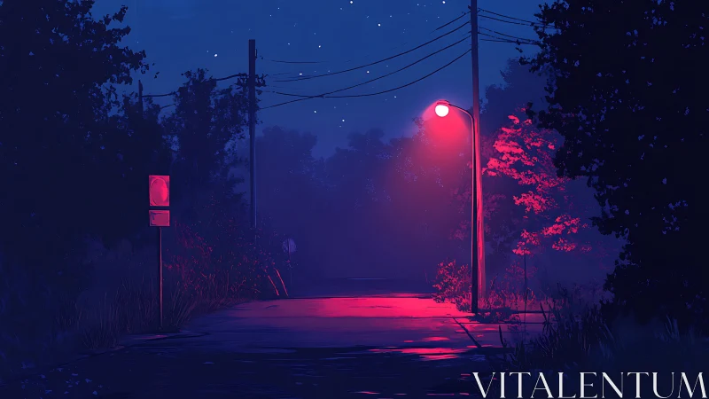 Neon streetlamp bathes a silent forest road in crimson glow.