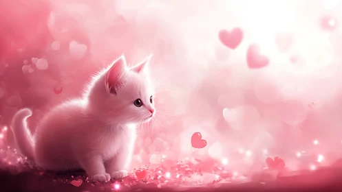 Fluffy Pink Kitten Among Hearts in Dreamlike Setting.