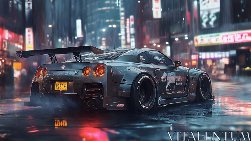 Widebody Nissan GT-R rendered in neon-lit rainy urban street scene