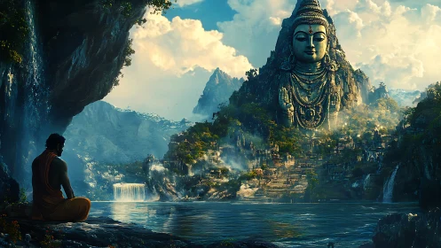 Meditating figure facing colossal Shiva mountain temple.