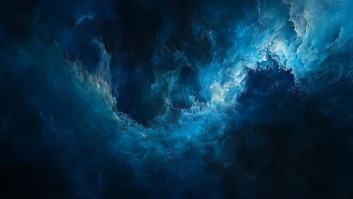 Abstract swirling blue nebula with dark cosmic background.