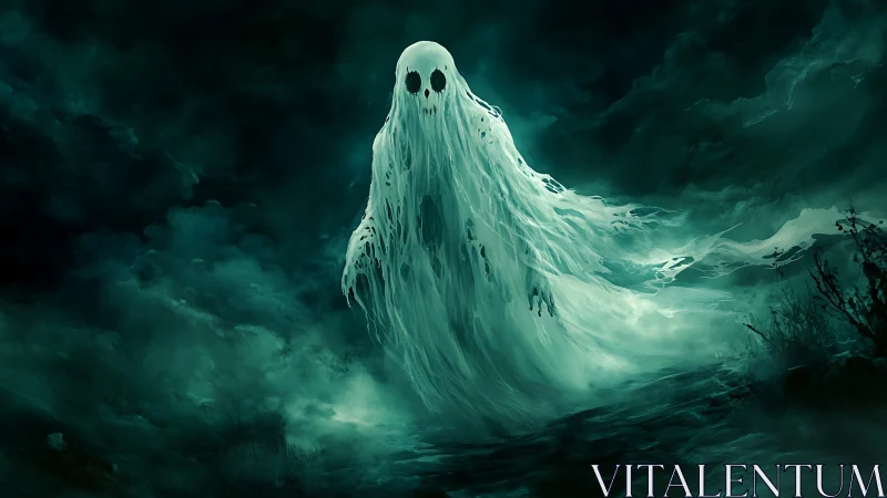 Ghostly specter drifting through dark stormy landscape.
