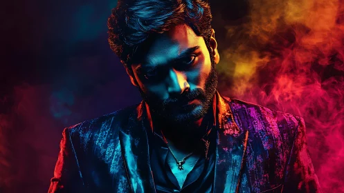 Moody male portrait in vivid neon smoke lighting.