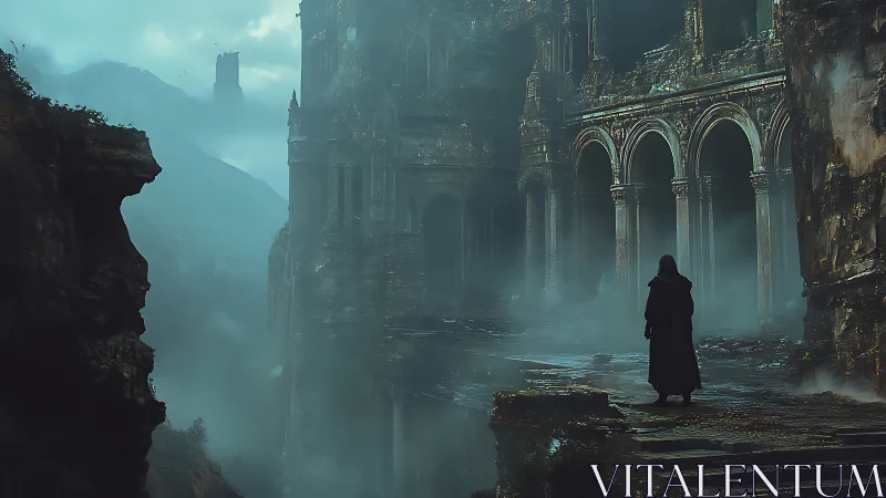 Lone wanderer haunts mist-veiled ruins of a forgotten citadel.