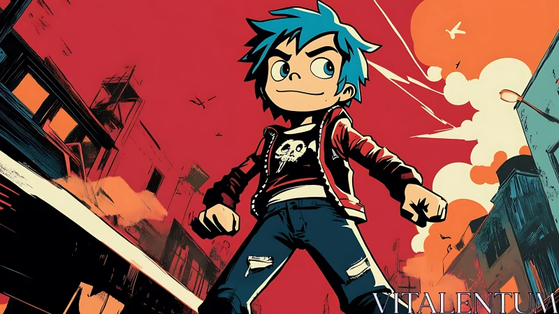 Blue haired street hero strides confidently through a bold cityscape