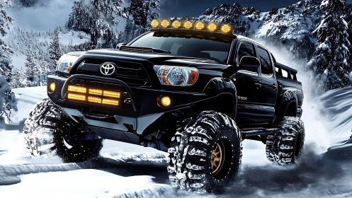 Lifted black off-road truck powers through deep alpine snow.