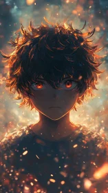Ember-eyed boy holds silent wildfire beneath stormy dusk