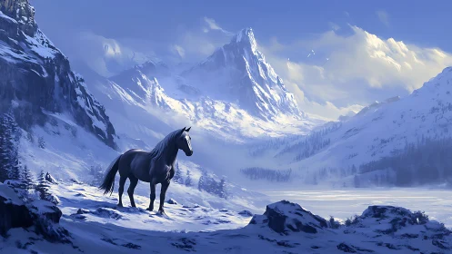 Solitary dark horse surveys vast blue alpine snow valley
