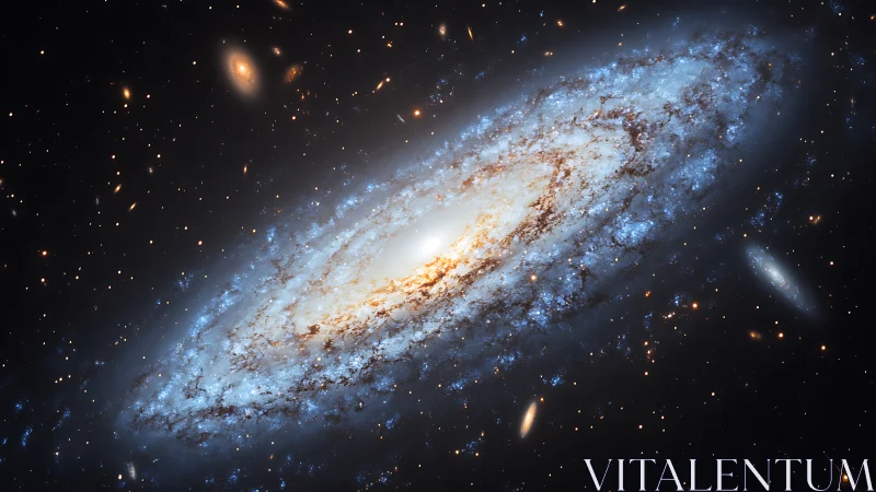 Spiral galaxy with luminous core and star field in space.