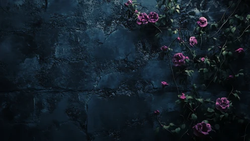 Purple Roses Against Dark Stone Wall