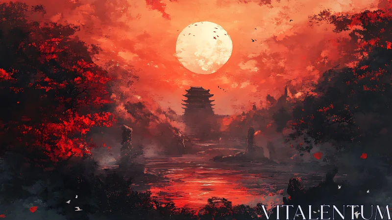 Radiant crimson sunset silhouettes pagoda amid reflective river fog