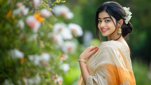 Smiling woman in embroidered saree with shallow depth of field bokeh