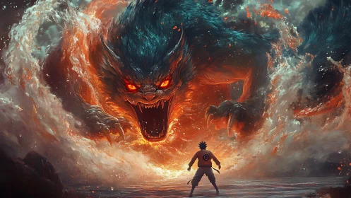 Fiery tailed beast confronted by lone warrior at shore.