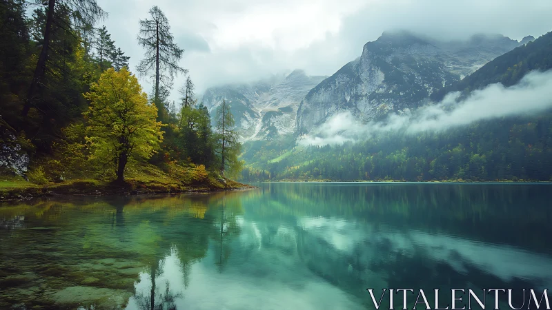 Fog-layered alpine lake with high dynamic range reflections.
