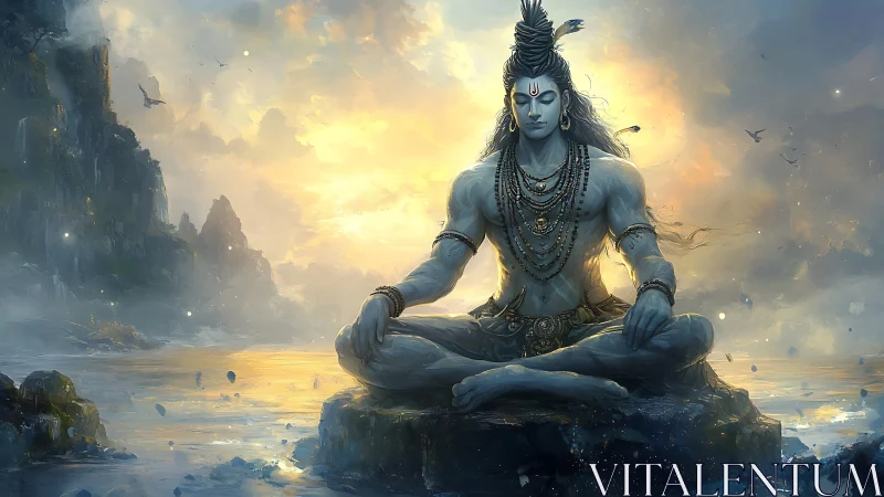 Meditating blue-skinned deity on rocky islet at luminous dawn