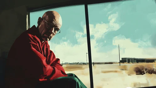 Bald man in red jacket gazes over sunlit desert plain