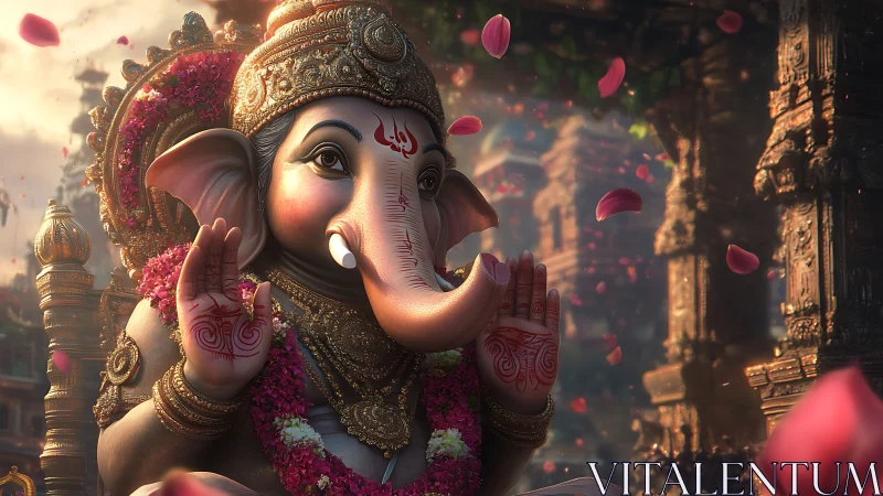 Rendered Ganesha statue amid ornate temple architecture and petals
