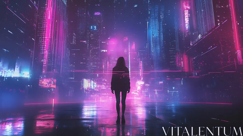 Neon city wanderer in a dreamy cyber nightscape.