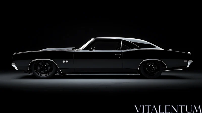 Sleek black muscle car poised in a calm studio spotlight.