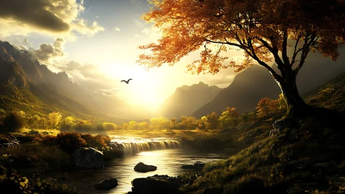 Golden sunset illuminates tranquil river and autumn valley.