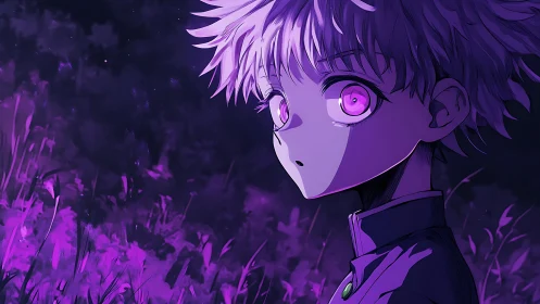 Moonlit violet boy watches the quiet storm of fireflies.