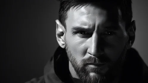 Intense monochrome closeup of bearded man in shadow