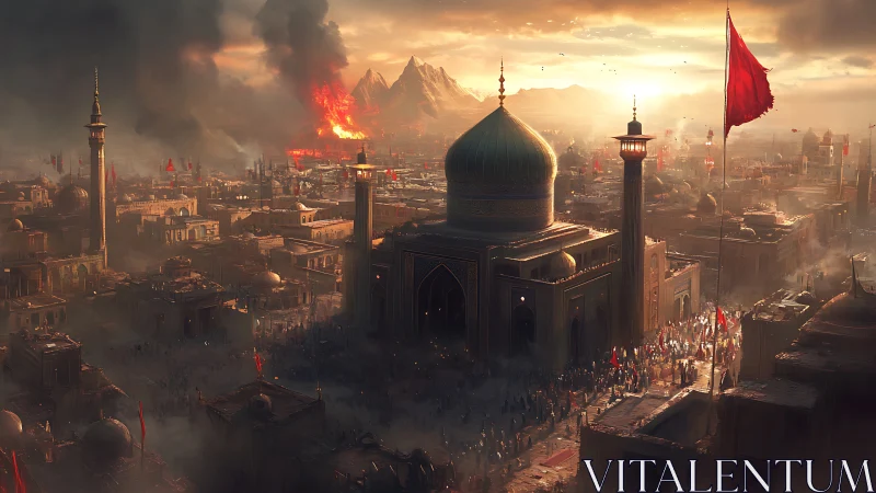 Cityscape shows domed mosque, dense crowds and distant fires