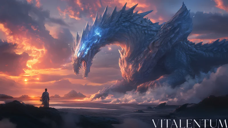 Twilight summit where crystal dragon bends toward lone pilgrim.