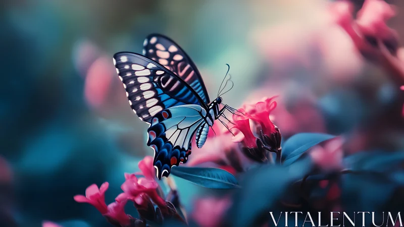 Butterfly on pink blossoms in soft focus garden setting.