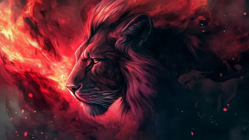 Fiery lion profile emerges from abstract crimson nebula