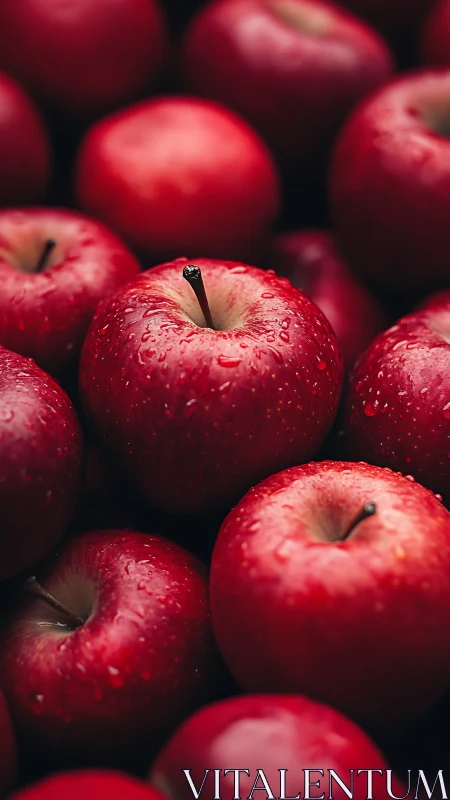 Red apples with water droplets fill a tightly framed view