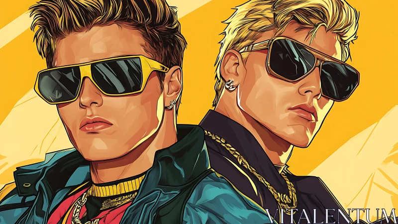 Stylized portrait of two men in sunglasses on yellow ground.